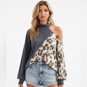 ♥️Hello Gorgeous! French Terry Knit Color Block Cold Shoulder Sweatshirt Leopard